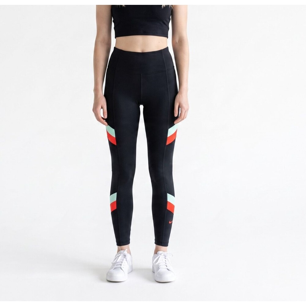 Nike One 7/8 Color-Block Striped Leggings Women Medium Black Blue Red Mid Rise